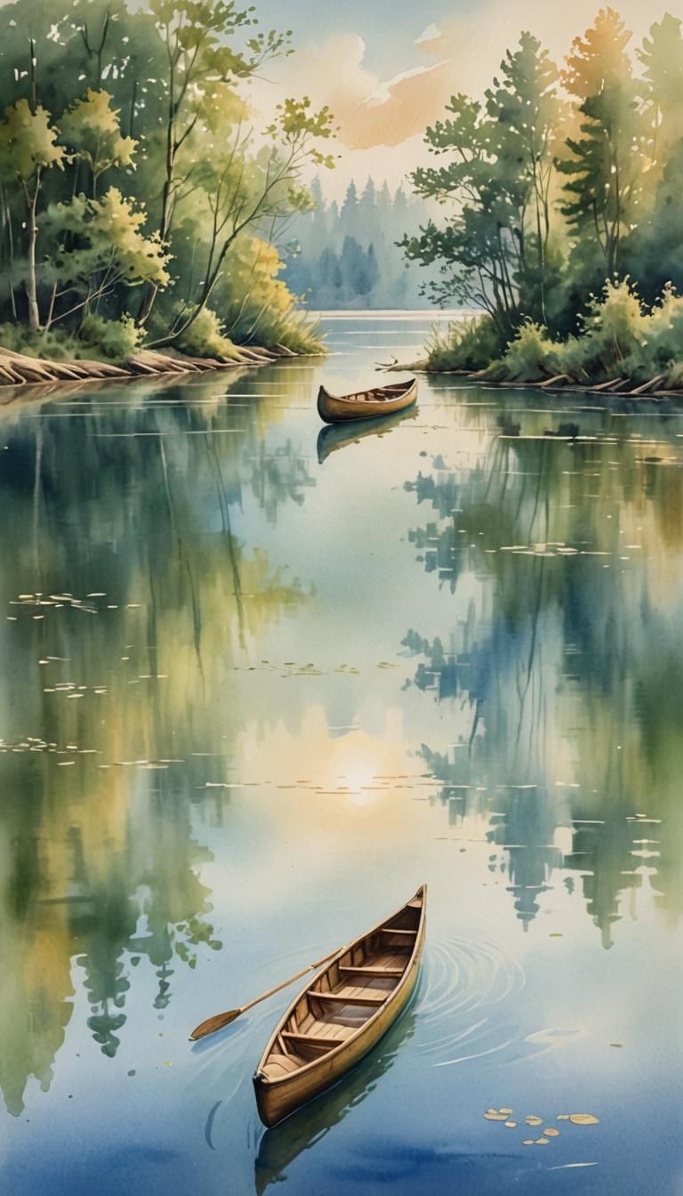 Canoe on Calm River in Dreamy Watercolor Style