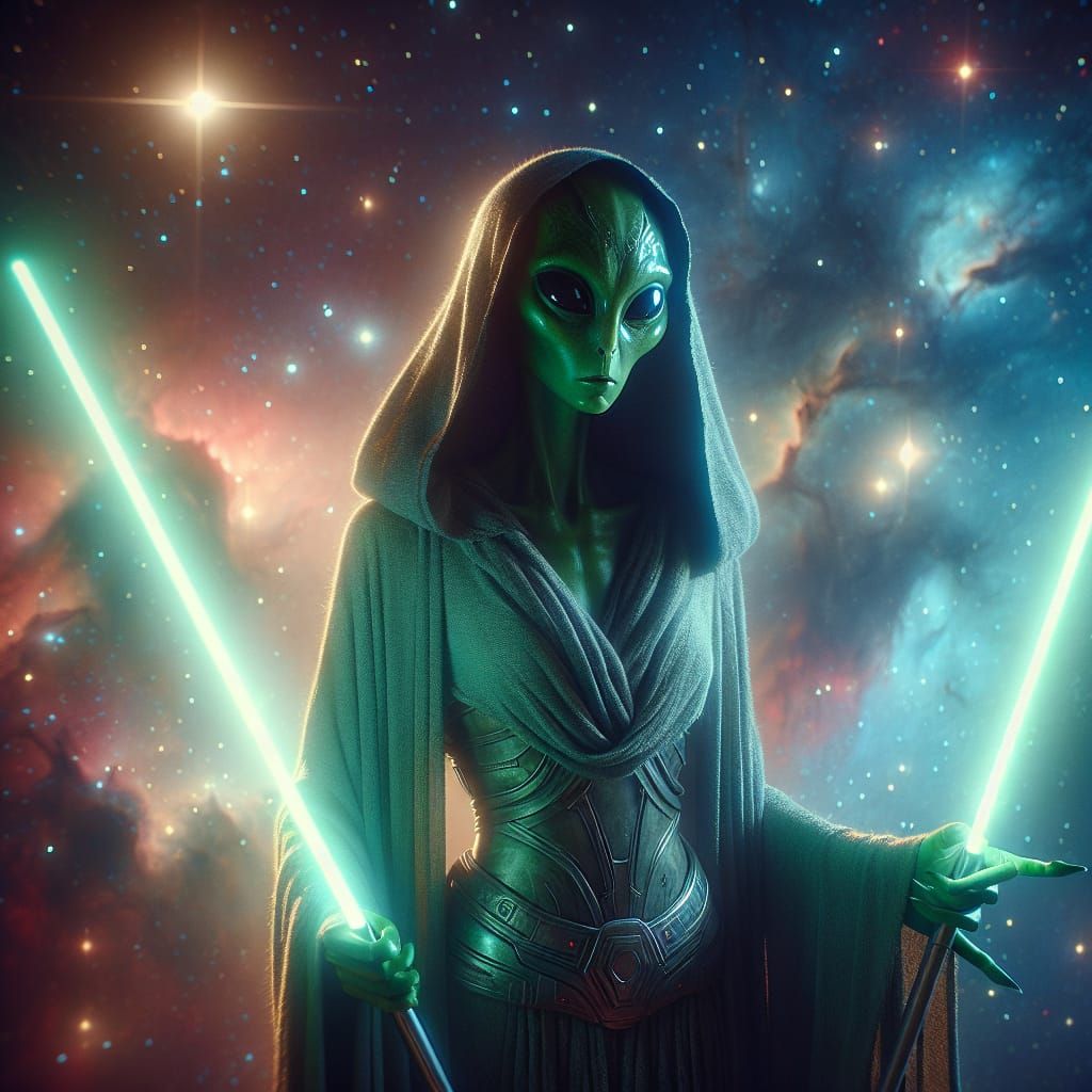 Epic Green Jedi Alien in Cosmic Nebula