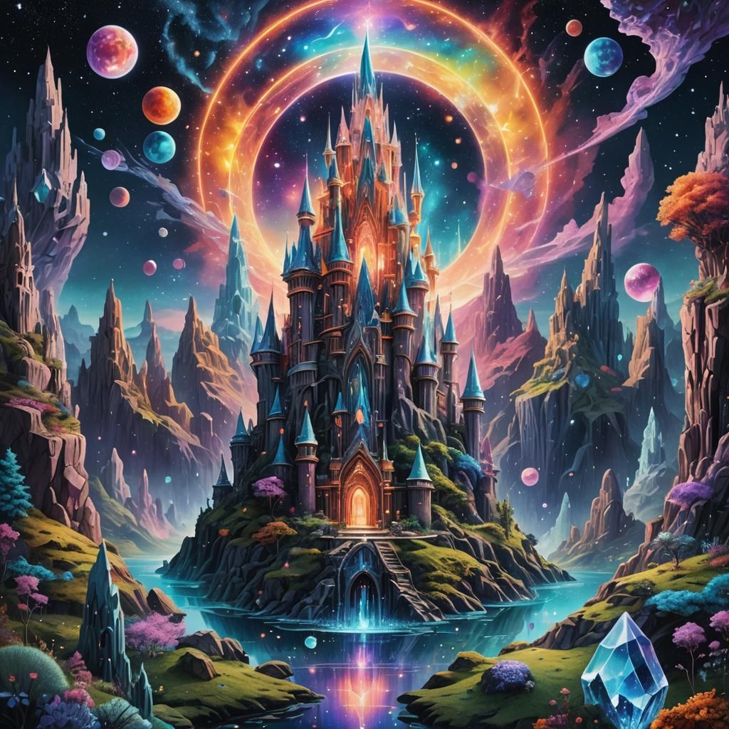 Cosmic Crystal Castle in Holographic Illustration