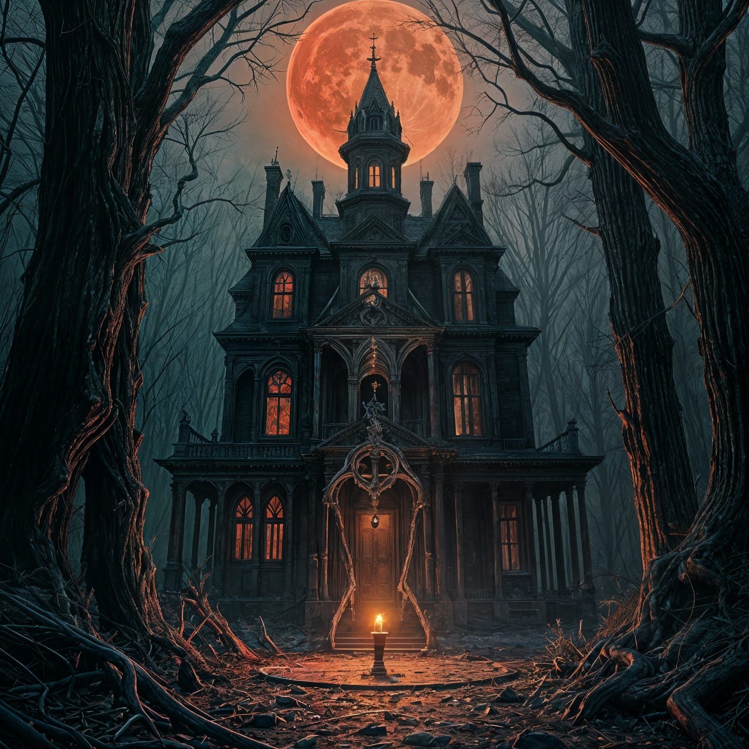 Decaying Haunted Mansion Looms Under a Blood-Red Moon