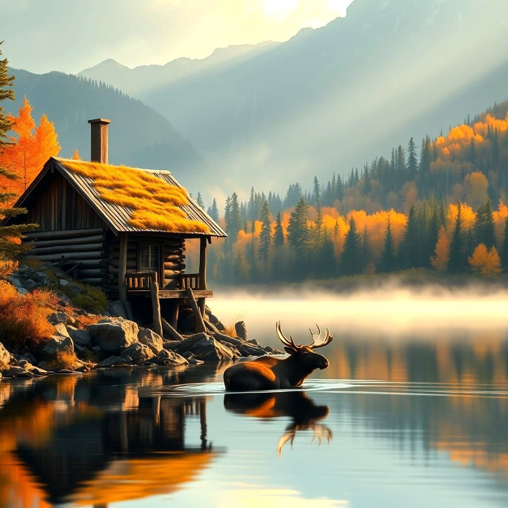 Rustic Hut on Serene Lake with Moose