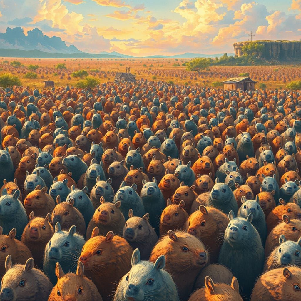 Surreal Capybara Gathering in Vibrant South American Landsca...