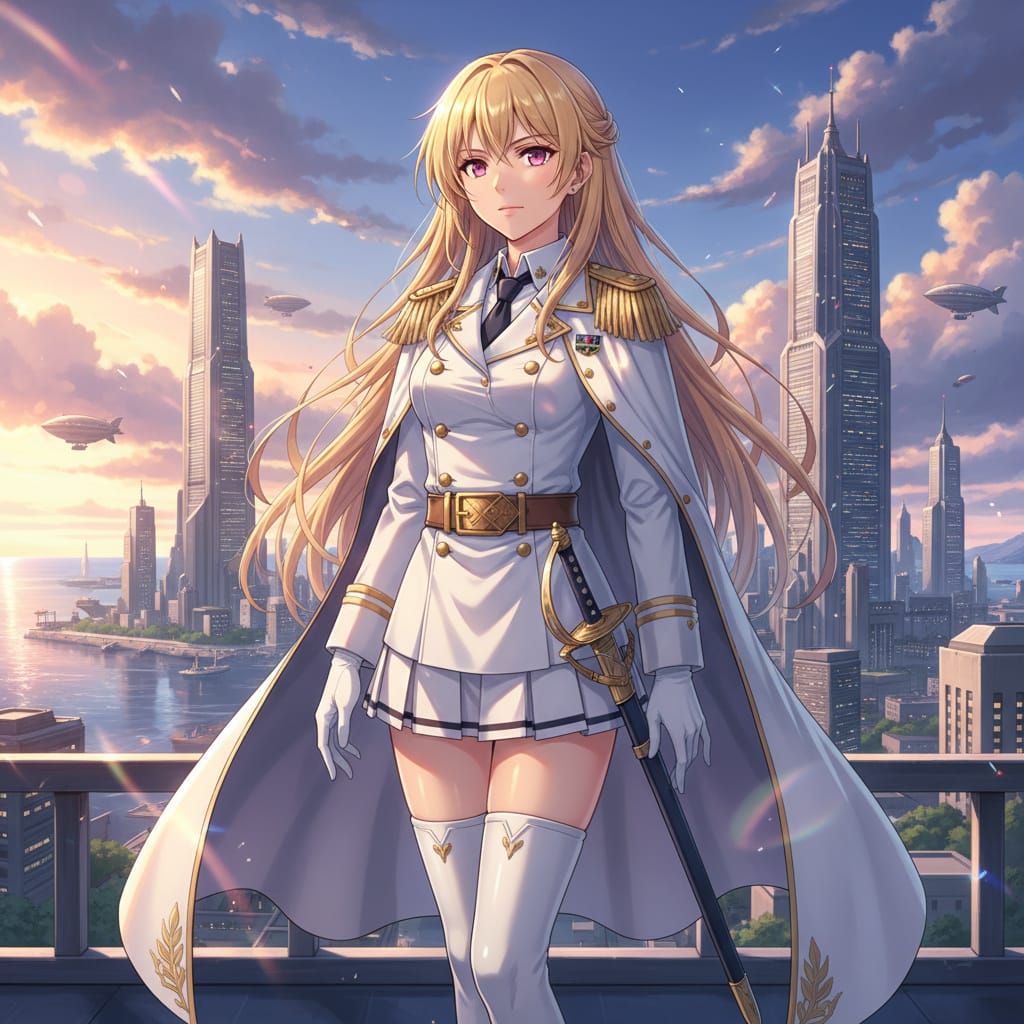 Anime Female Admiral in White Navy Uniform
