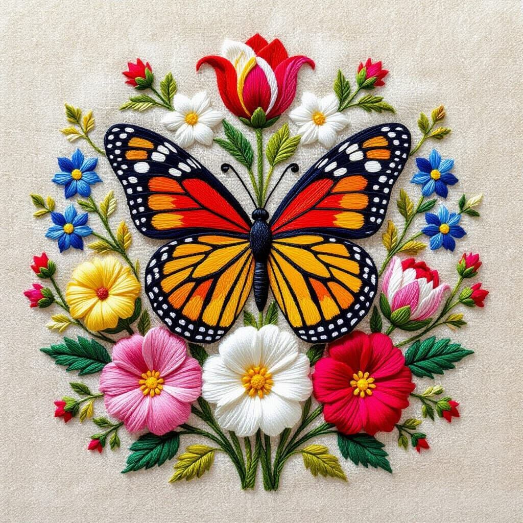 Embroidery Butterfly on Flower Bouquet