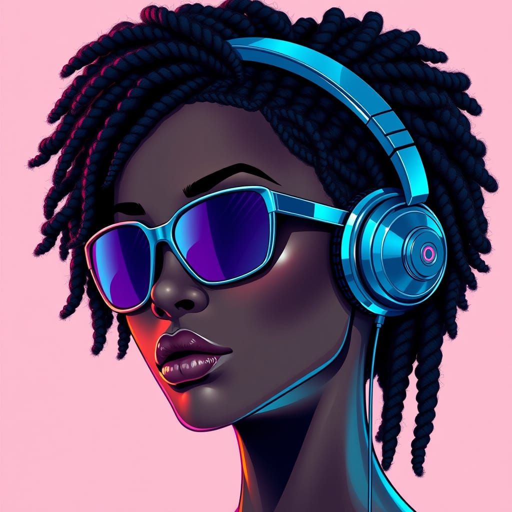 Futuristic Black Female with Headphones and Sunglasses
