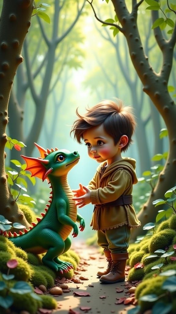 Boy and Dragon Play in Fantasy Forest