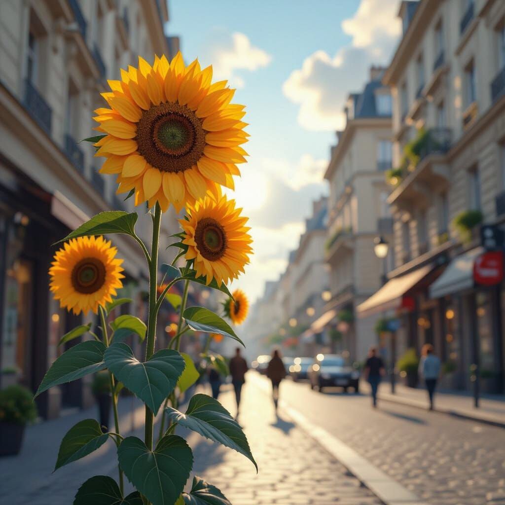Majestic Sunflowers on City Street, Hyperdetailed