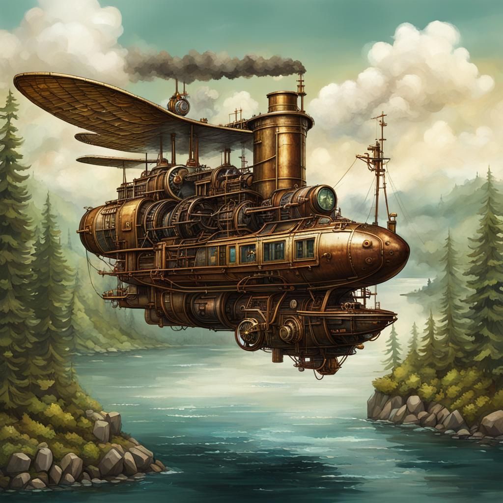 Steampunk Flying Boat Over Forested Coast