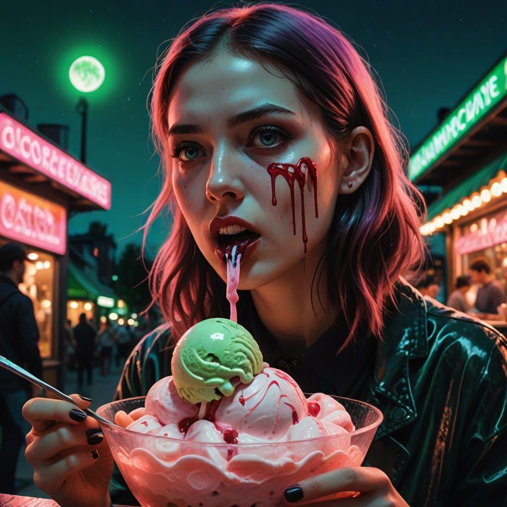Macabre Horror: Girl Eating Bloody Eyeball Ice Cream