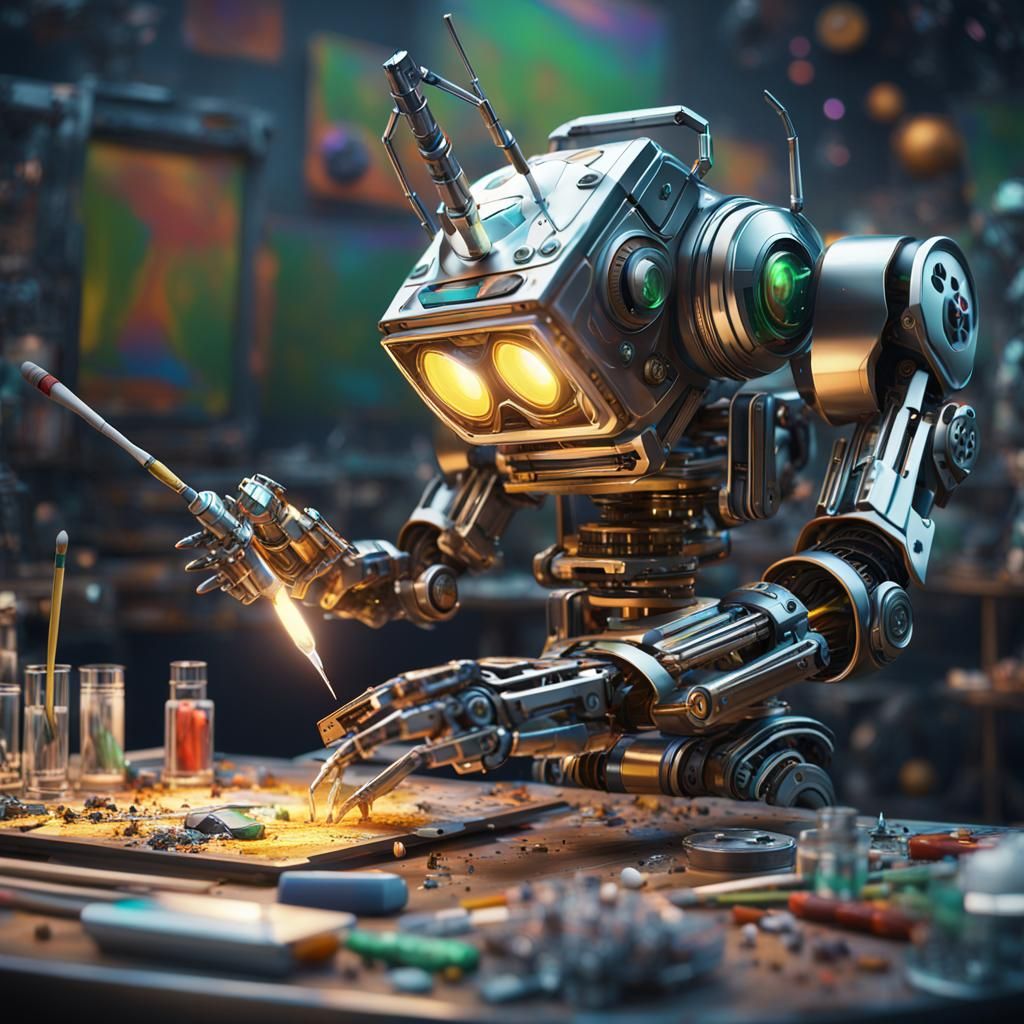 A robot with a joint in one hand and a paintbrush in the other, creating abstract art at a cannabis-infused painting par...