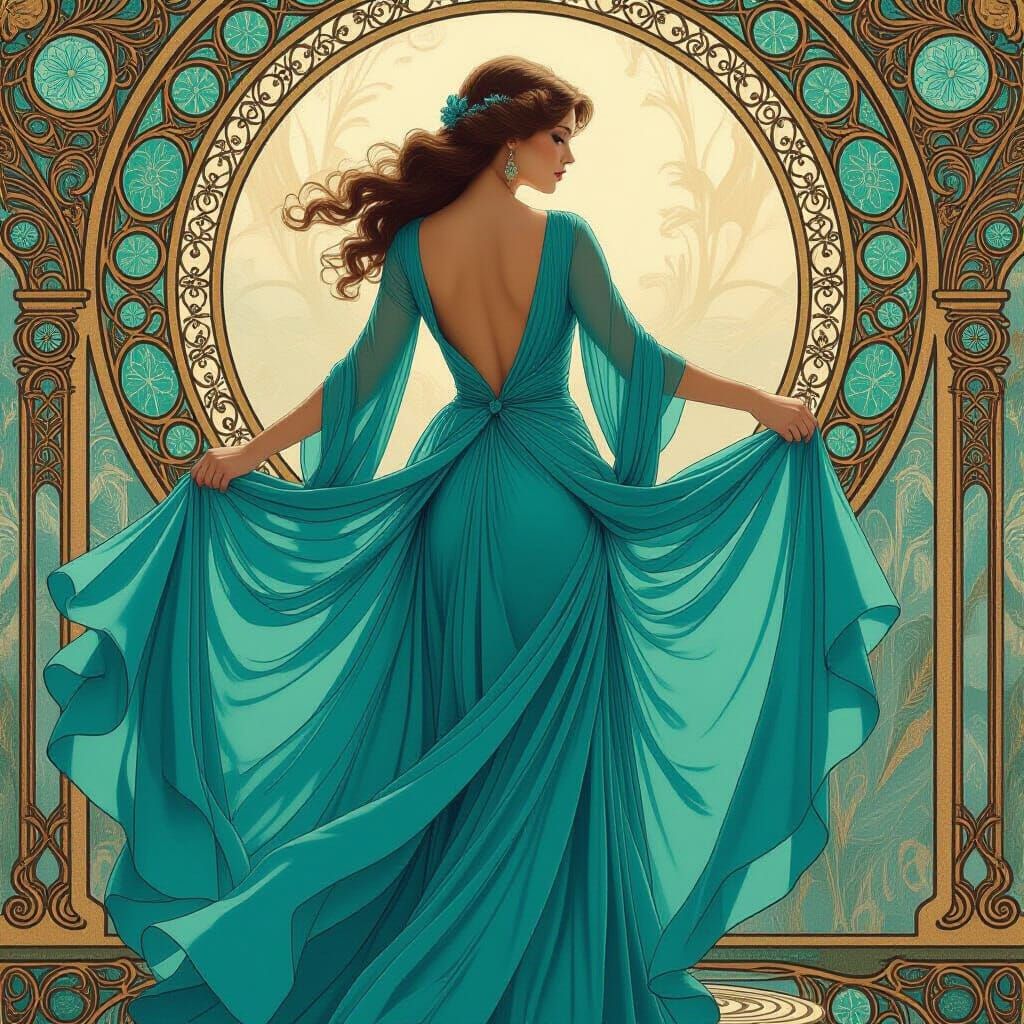 Woman in Flowing Turquoise Gown, Art Nouveau Style