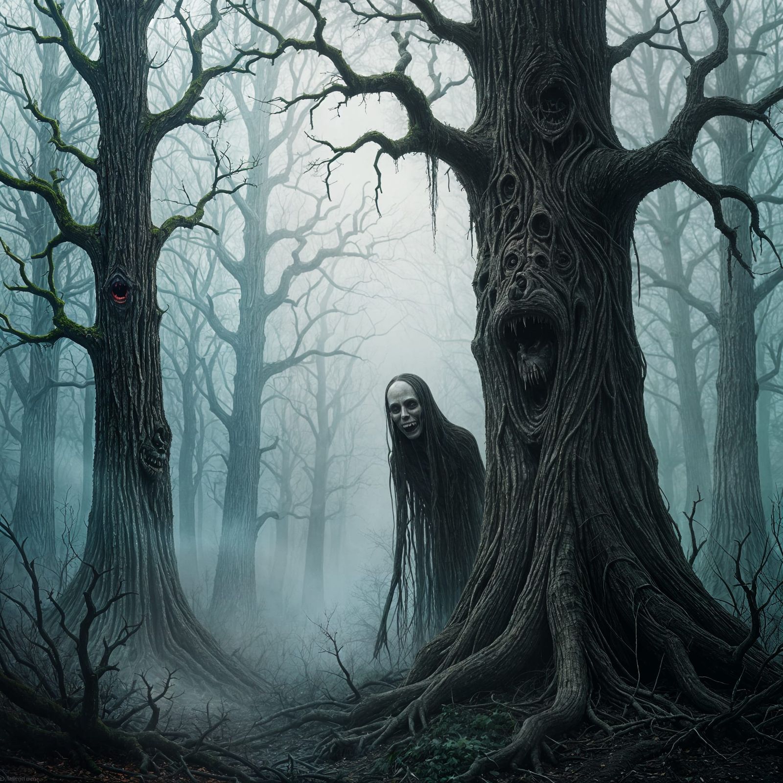 Dark Fantasy Forest Creature Lurking in Fog