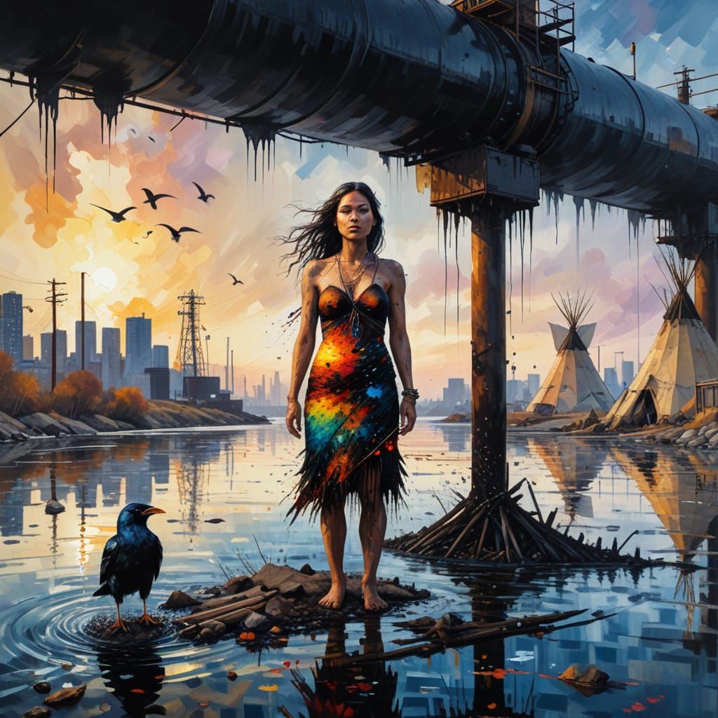 Surrealist Oil Spill in a River, Native American Woman and C...