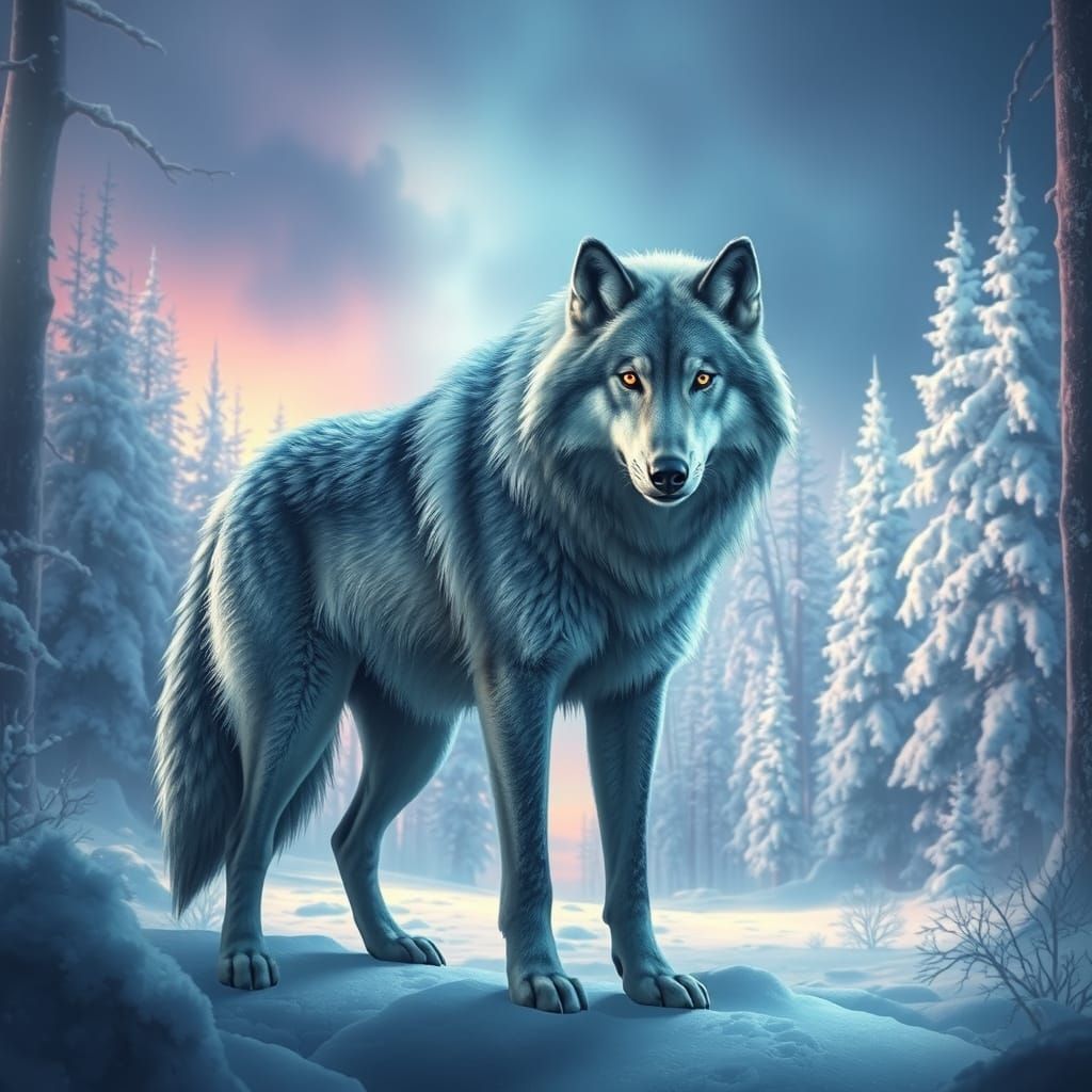 Majestic Glace Wolf in Dreamy Snowy Landscape