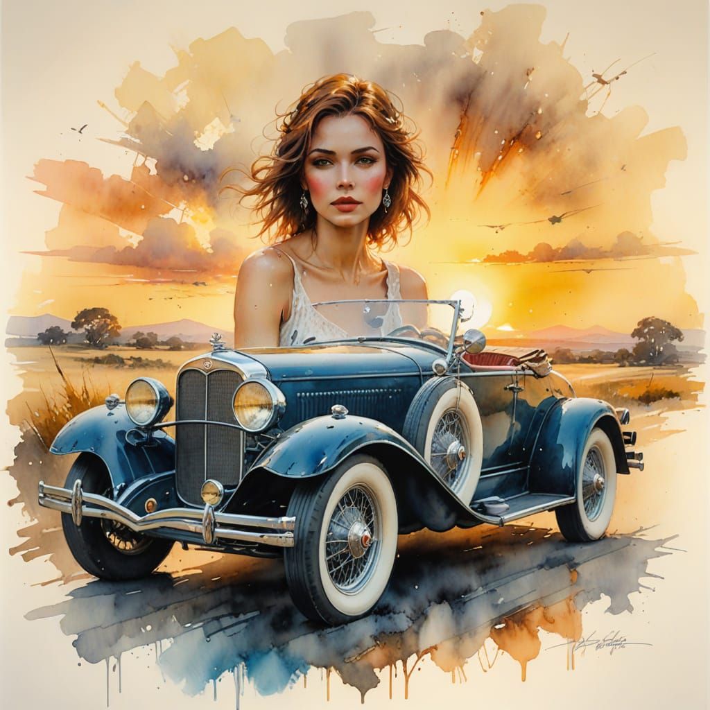 Woman in 1930s Roadster: Watercolor Summerscape