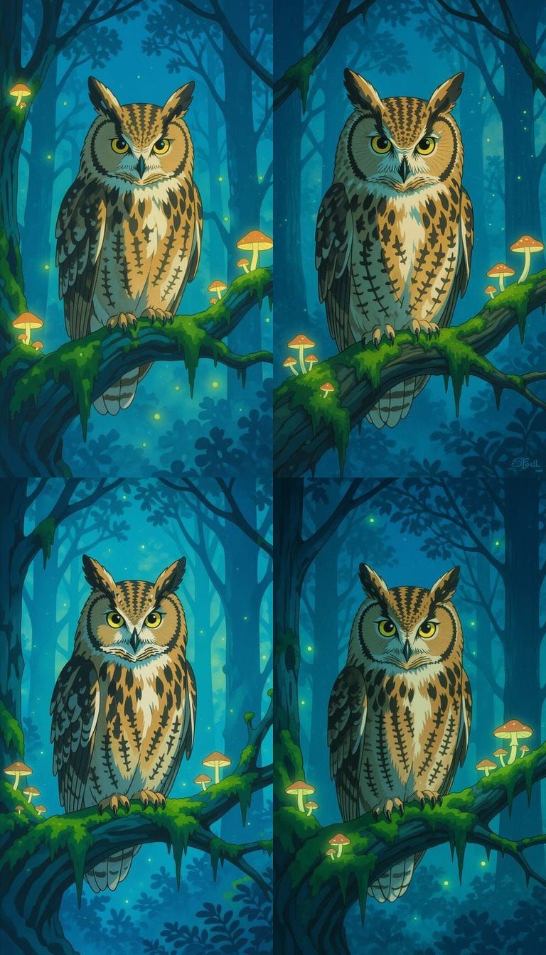 Majestic Owl in Twilight Forest, Studio Ghibli Style