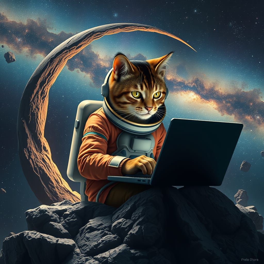 Cat Hacker in Asteroid, Photorealistic Digital Art