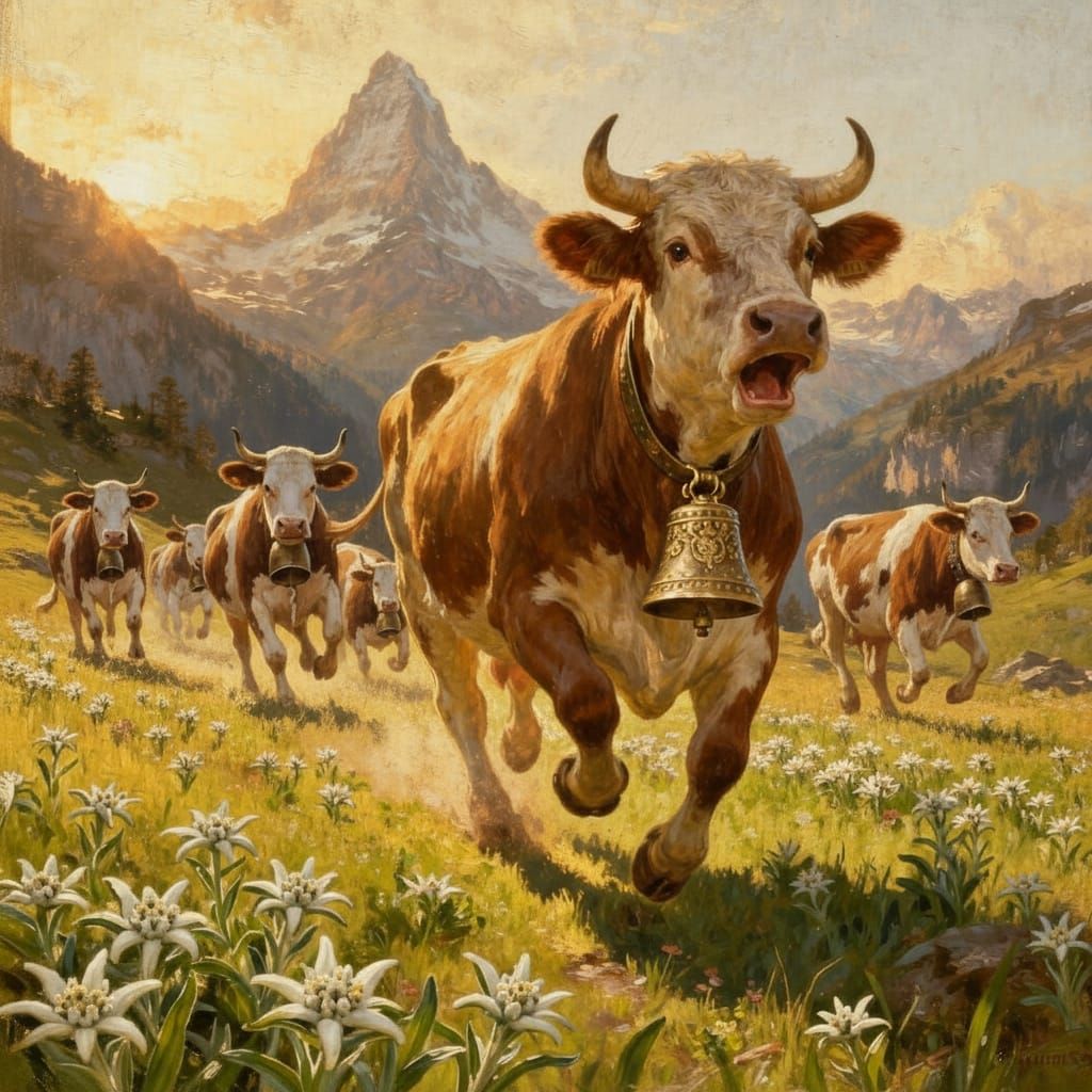 Alps Cow Chases Tourists in Spring Field