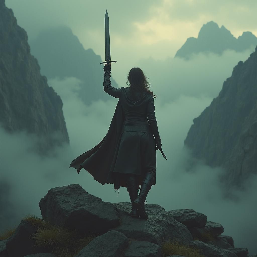 Woman with Sword in Misty Landscape, Dark Fantasy Style
