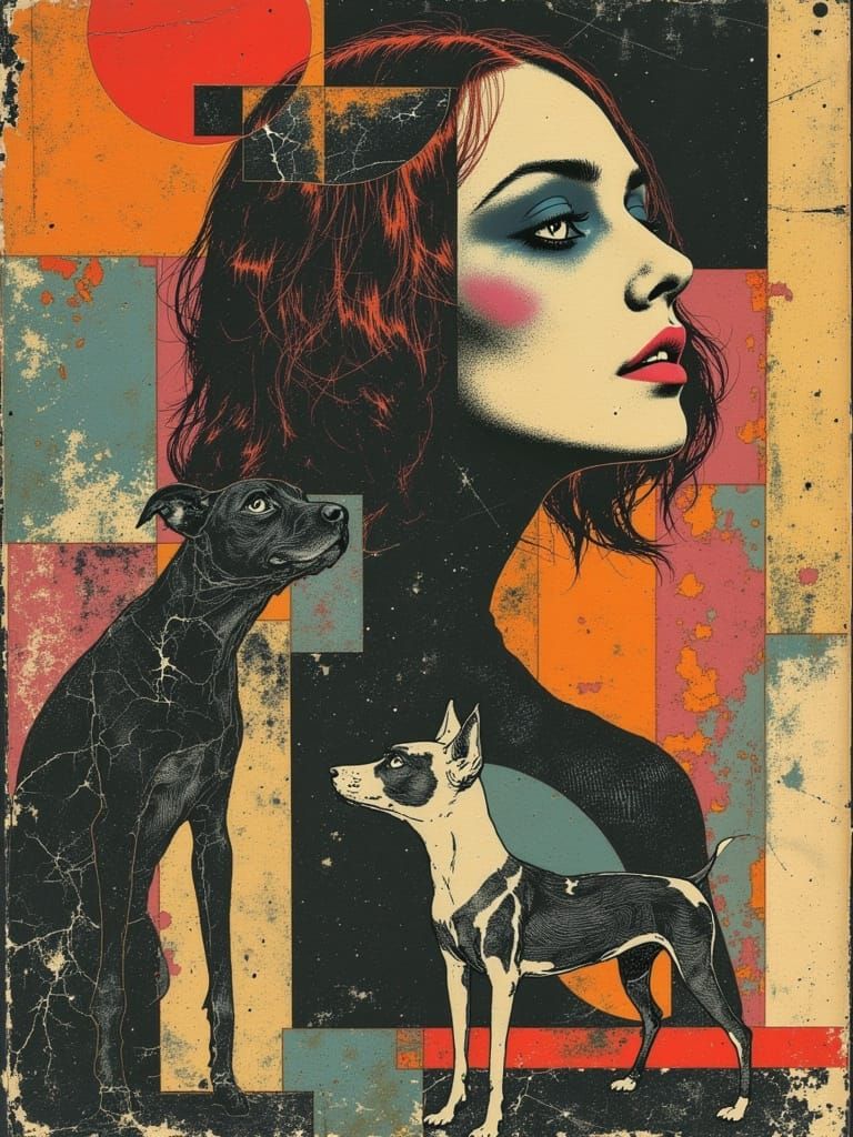 Cubist Woman Walks with Geometric Dog in Vibrant Surreal Lan...