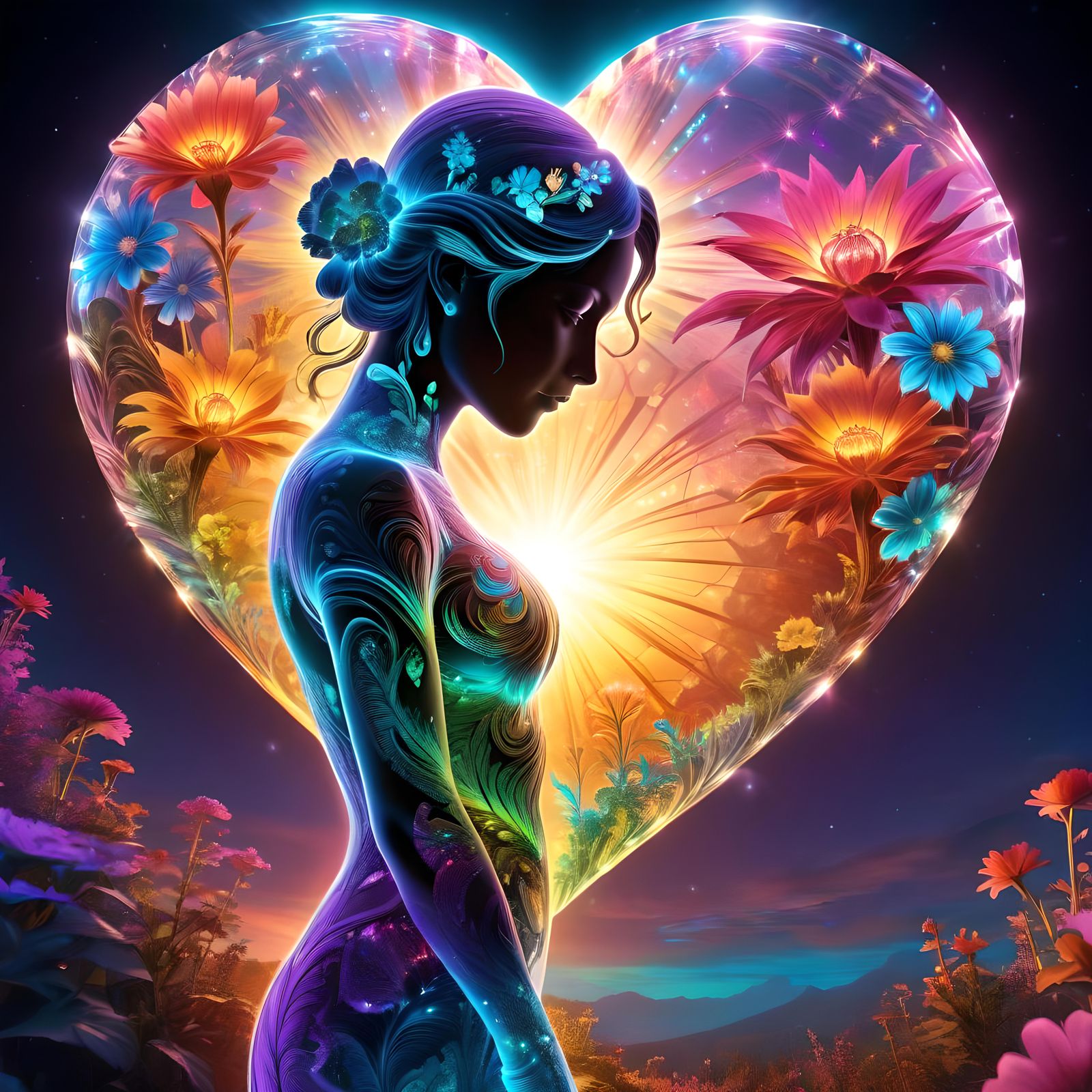 Bismuth Crystal Heart with Flower Landscape, 3D Render