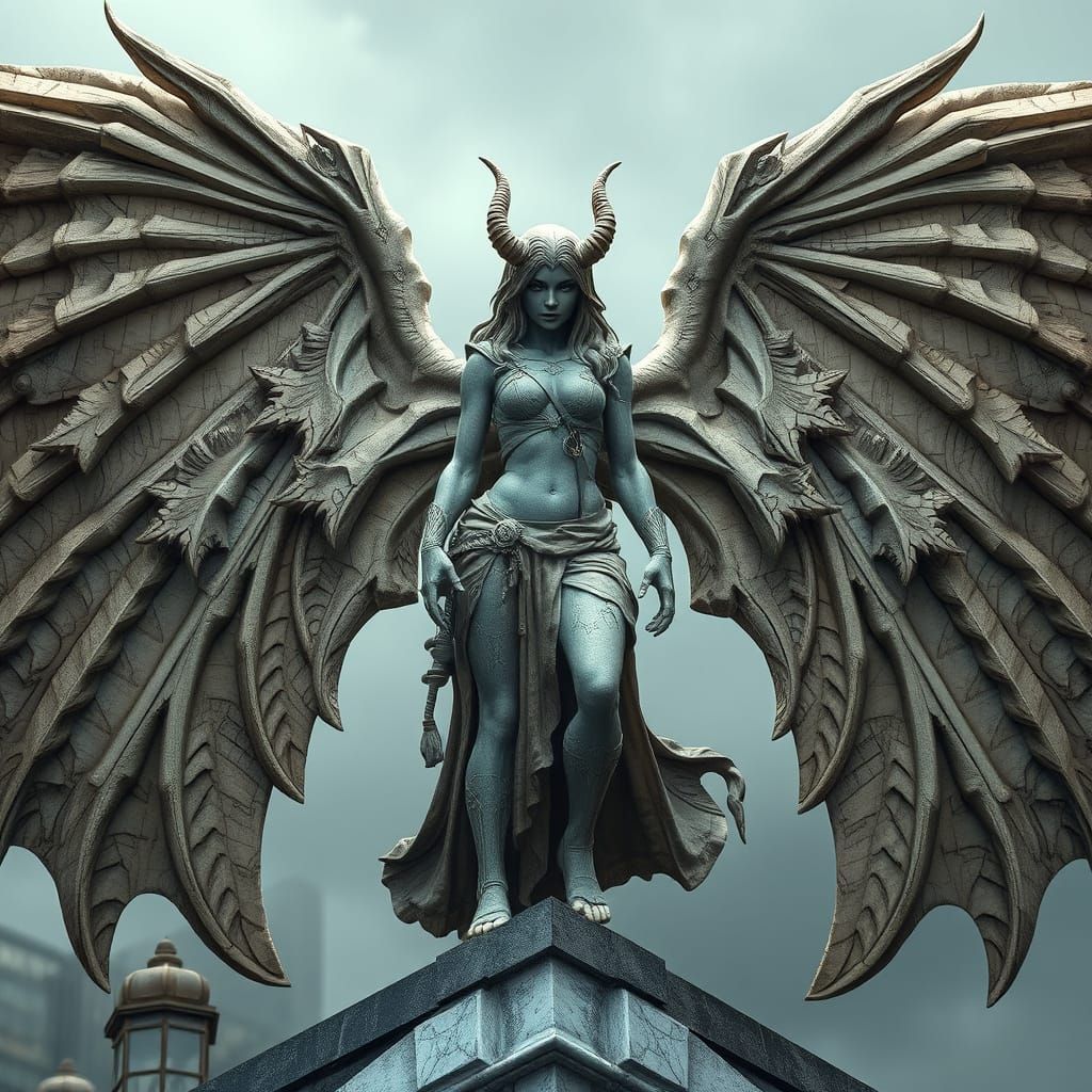 Hyperrealistic Gargoyle Woman on Rooftop Edge