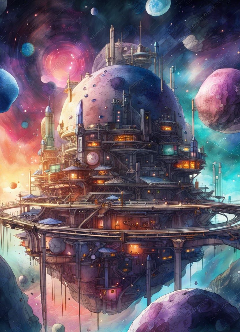 Anime-Style Sci-Fi Colony in Asteroid Belt