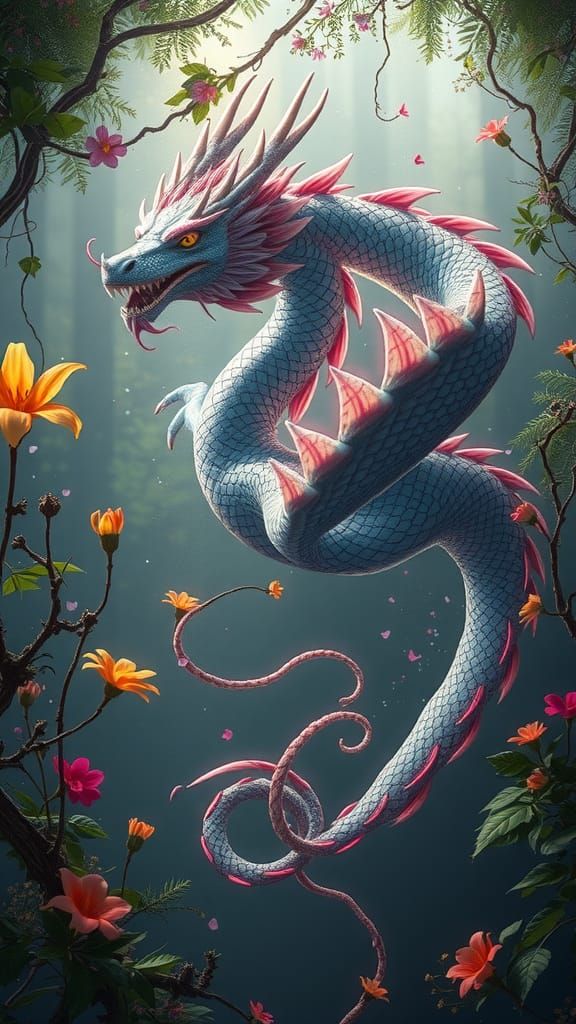 Floral Dragon Gliding Through Misty Forest