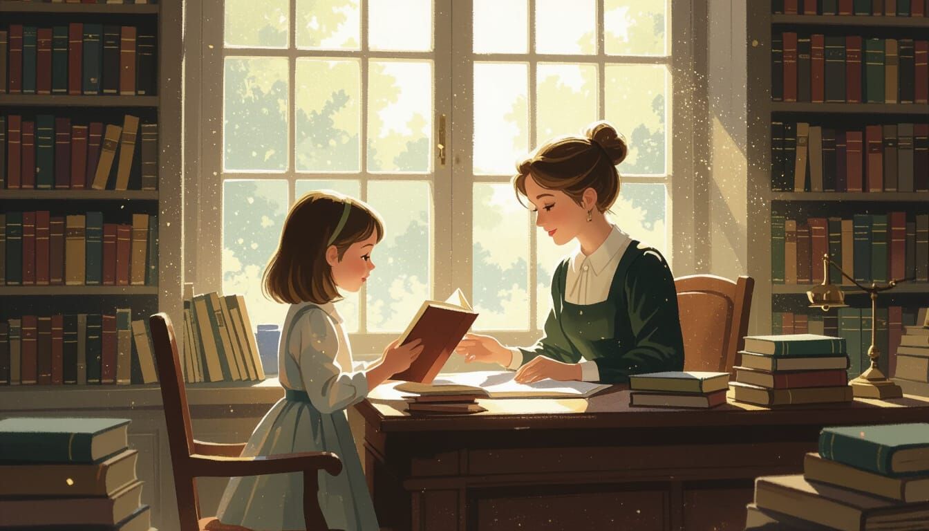 Girl Asks Librarian for Book in Sunlit Library
