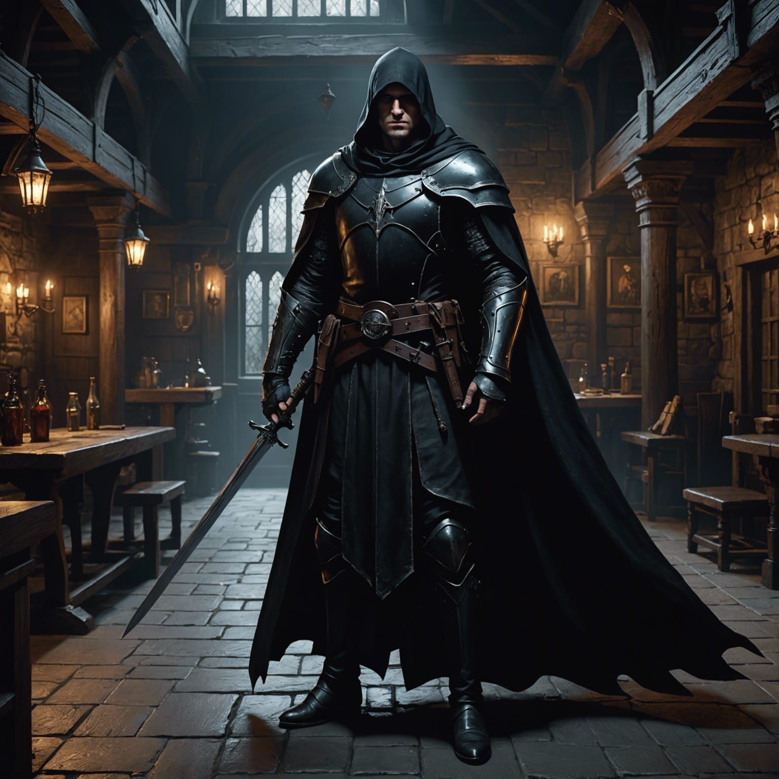 Eyeless Warrior in Tavern, Dark Fantasy Concept Art