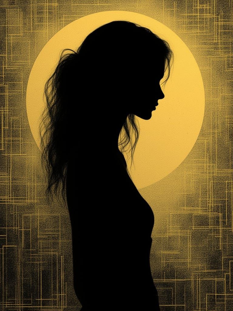 Female Silhouette Against Glitched Golden Geometric Backgrou...