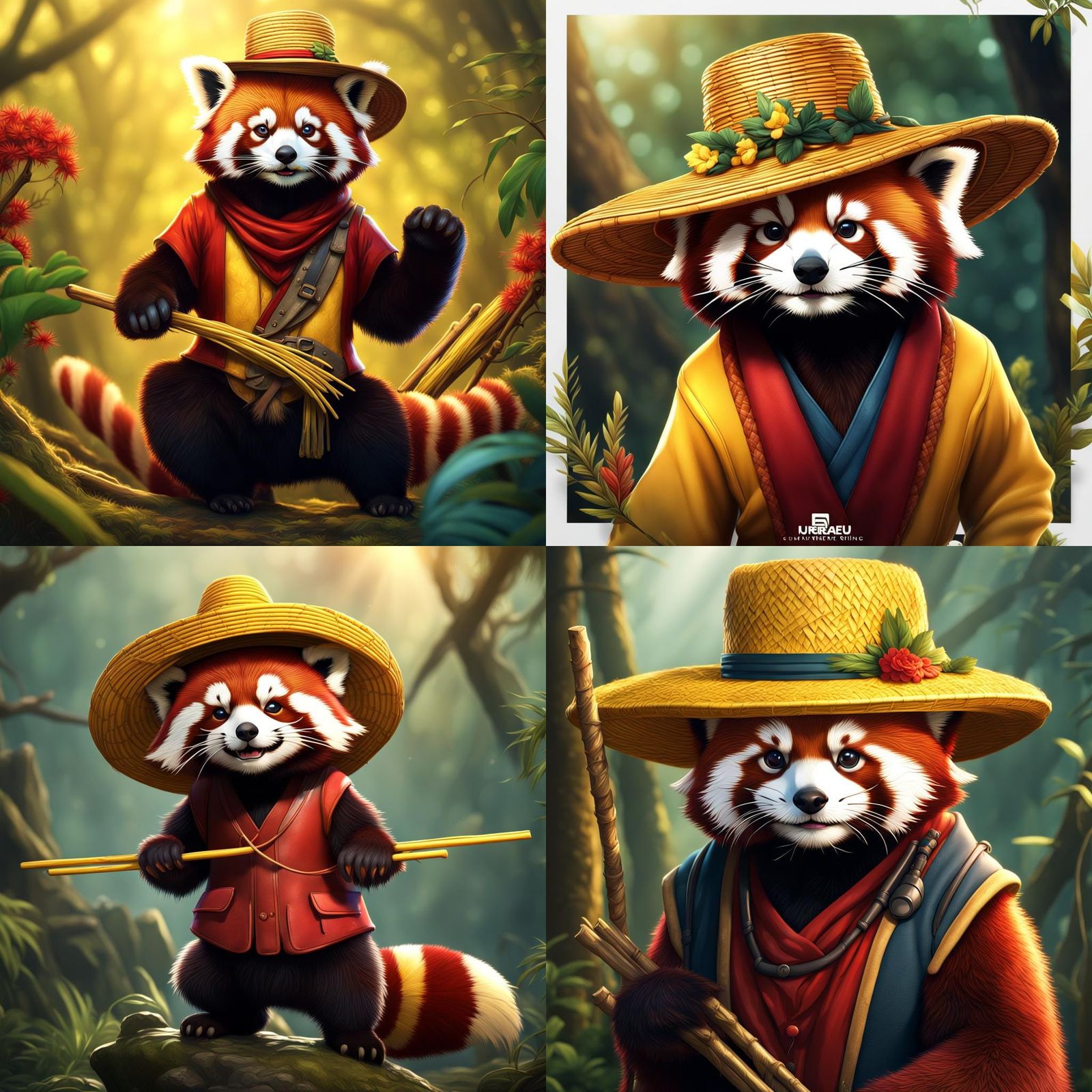 Red Panda in Straw Hat Clipart