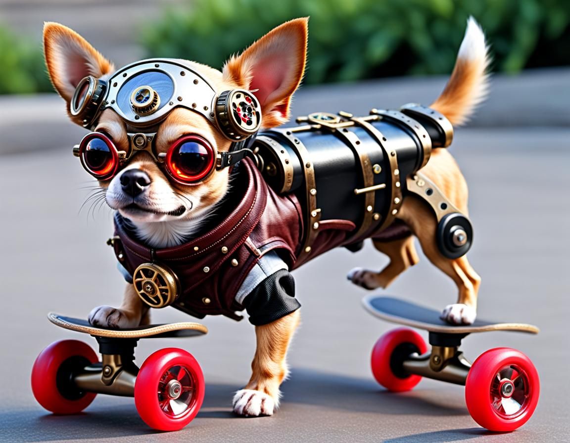 Cyborg Chihuahua on Steampunk Skateboard