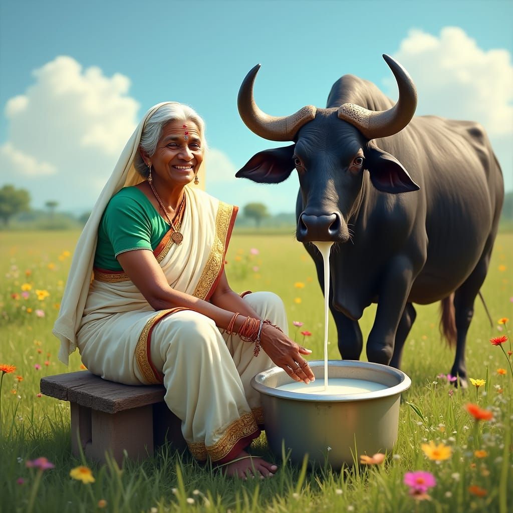 Warm Indian Grandmother Milks Majestic Black Buffalo in Sere...