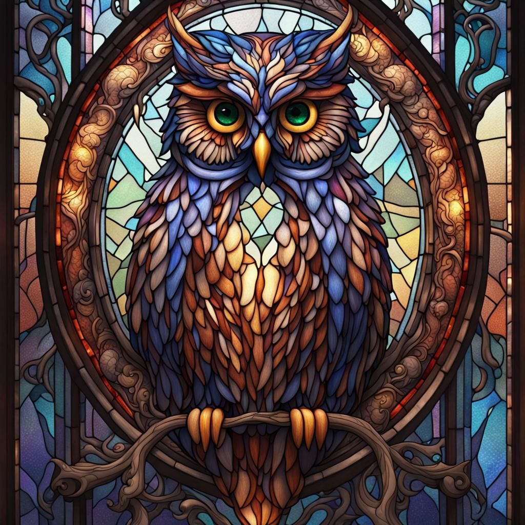 Detailed Stained Glass Owl: Fantasy Concept Art