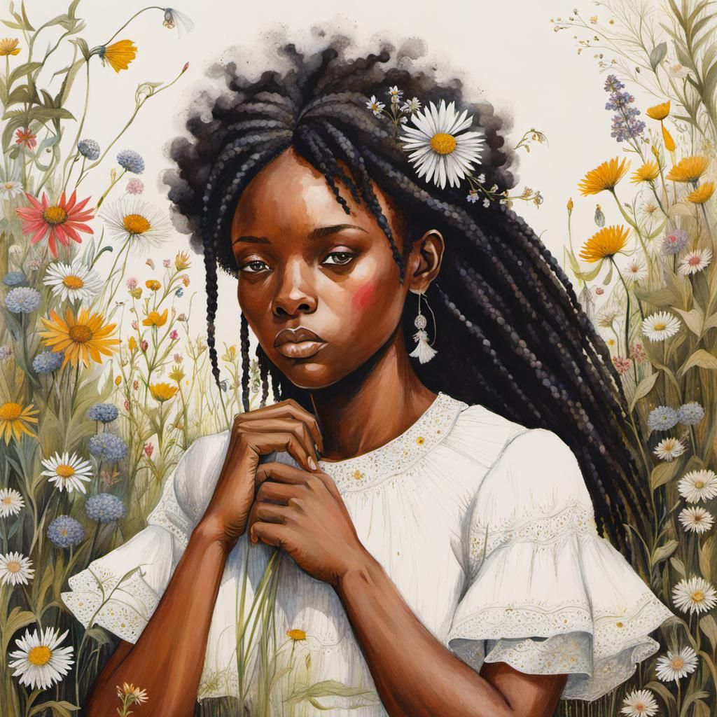Black Girl in Wildflower Garden: Watercolor Art