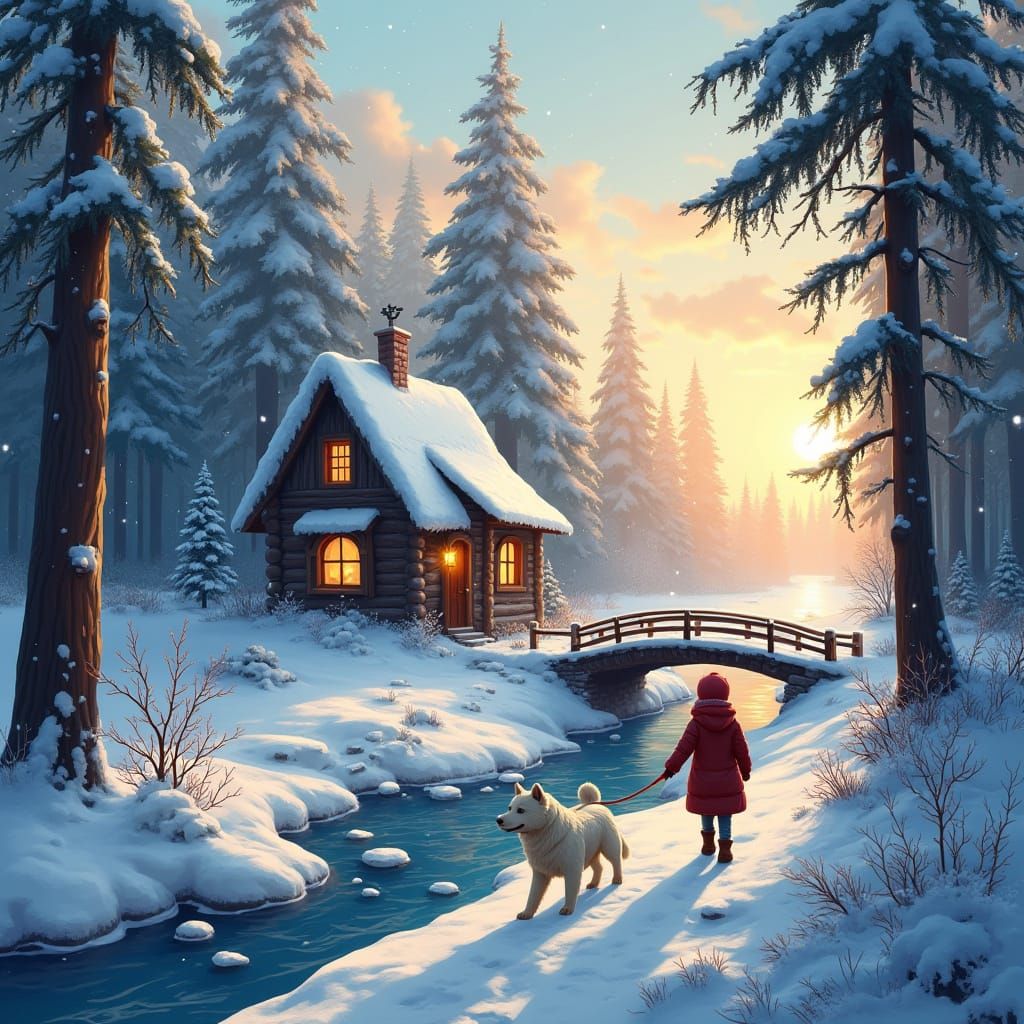Cozy Winter Cottage in Snowy Landscape with Girl and Dog
