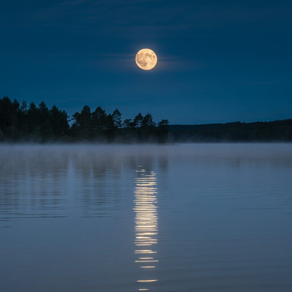 Serene Lake Reflects Full Moon in Indigo Night Sky