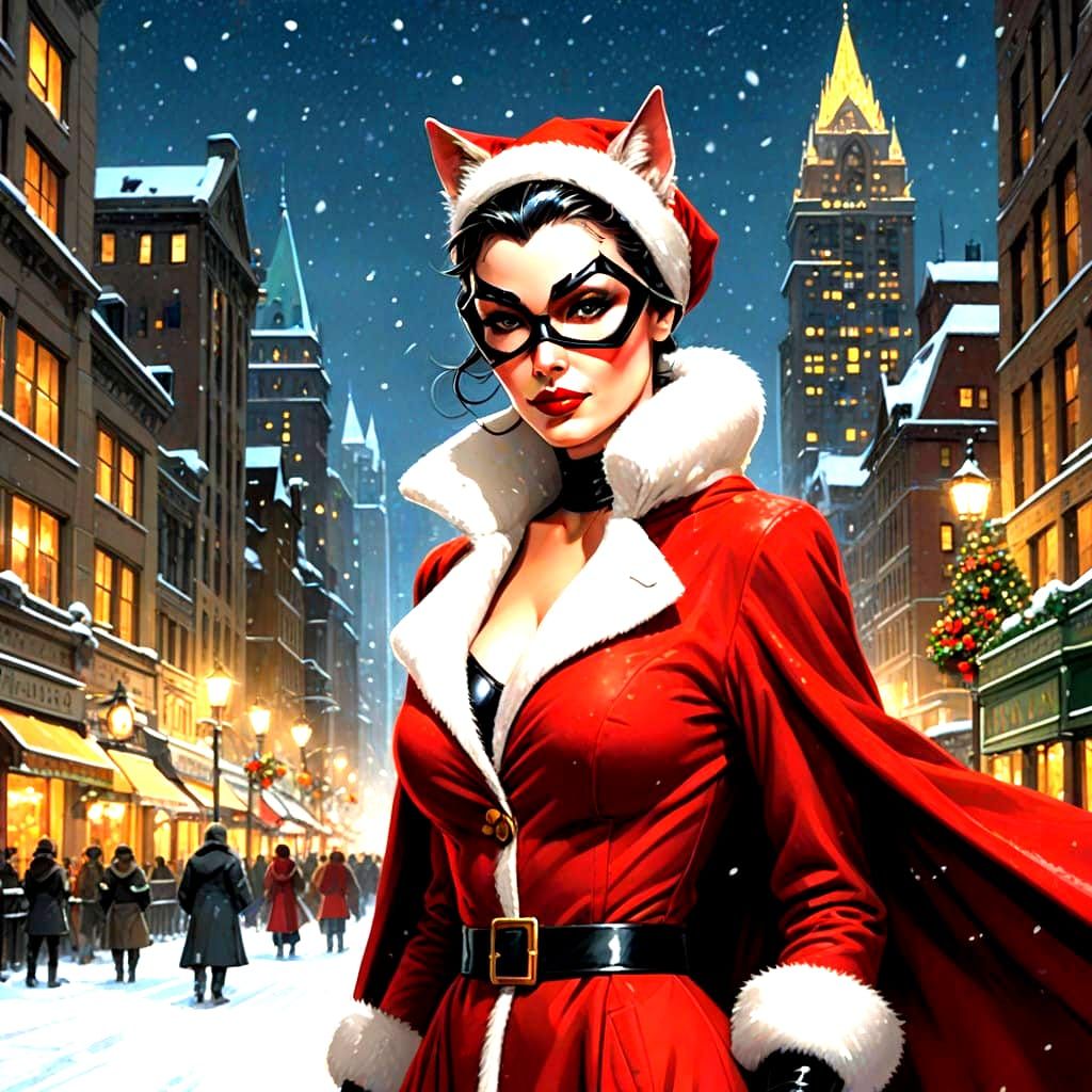 Seductive Catwoman as Mrs. Claus in Winter Gotham City