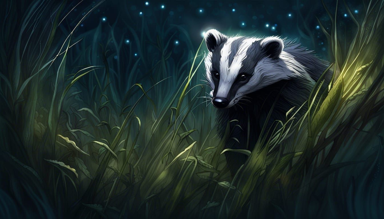 Fantasy Badger in Grassy Night, Art Nouveau Style