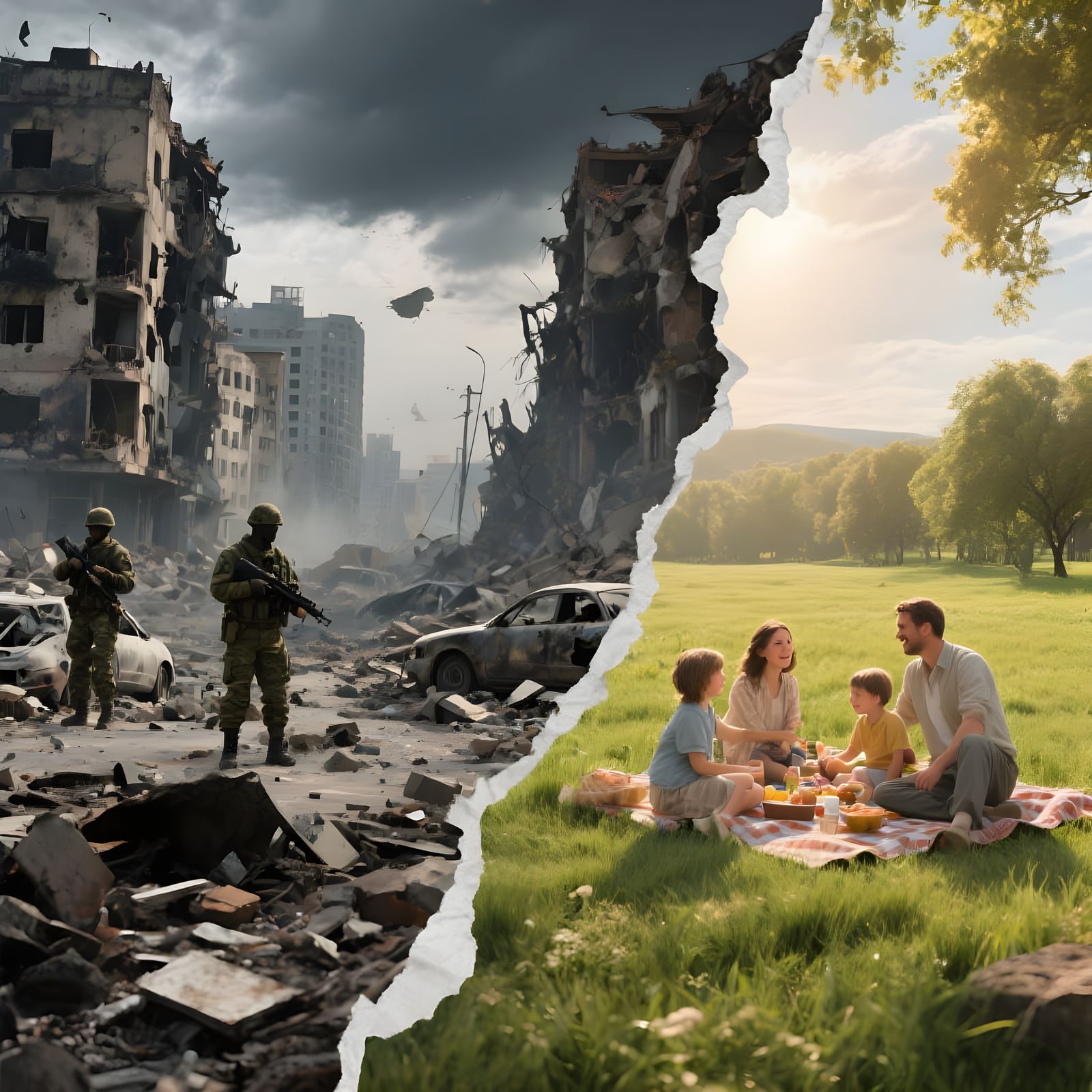 Contrasting Worlds: War and Peace Split Image