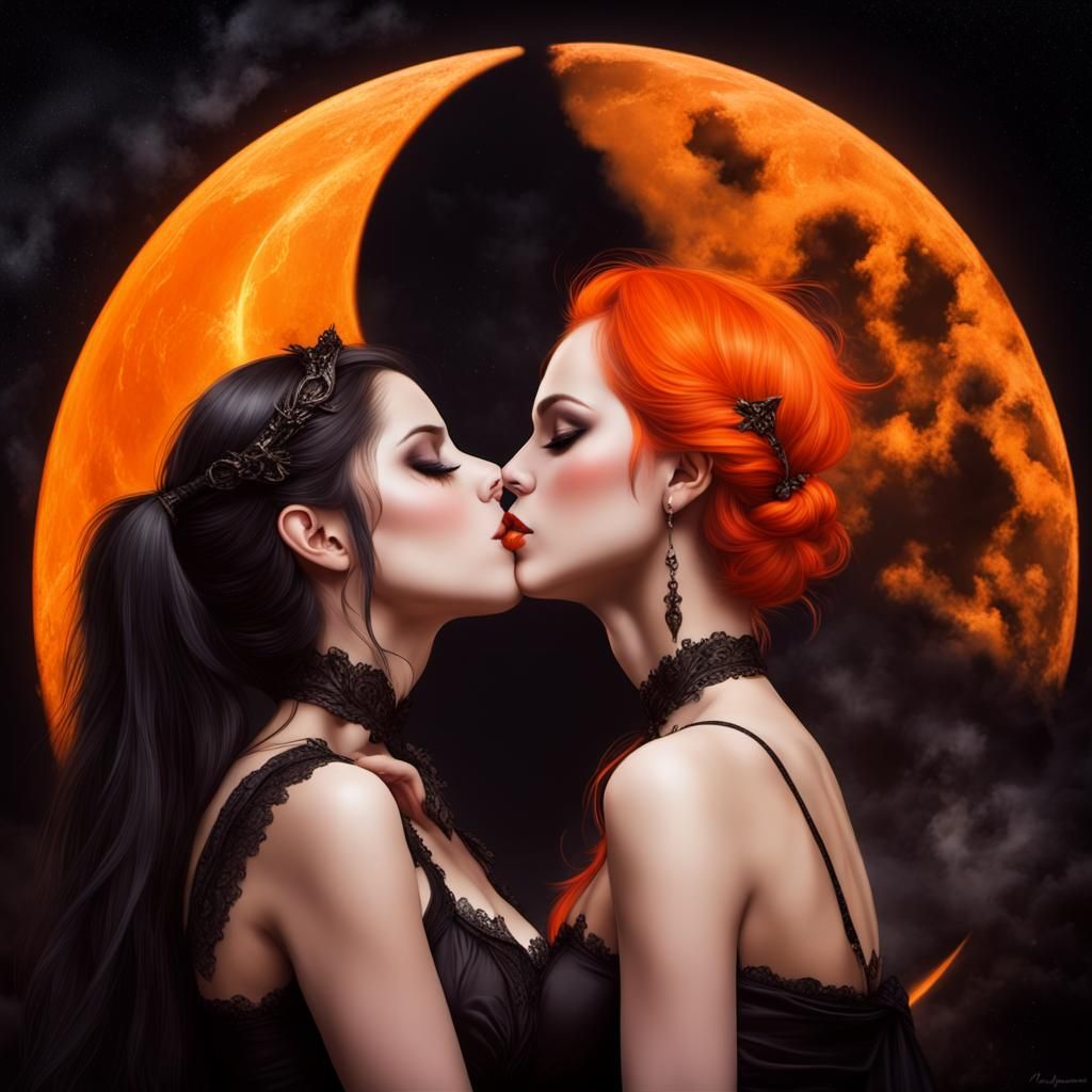 Gothic Women Kissing Under Orange Moon
