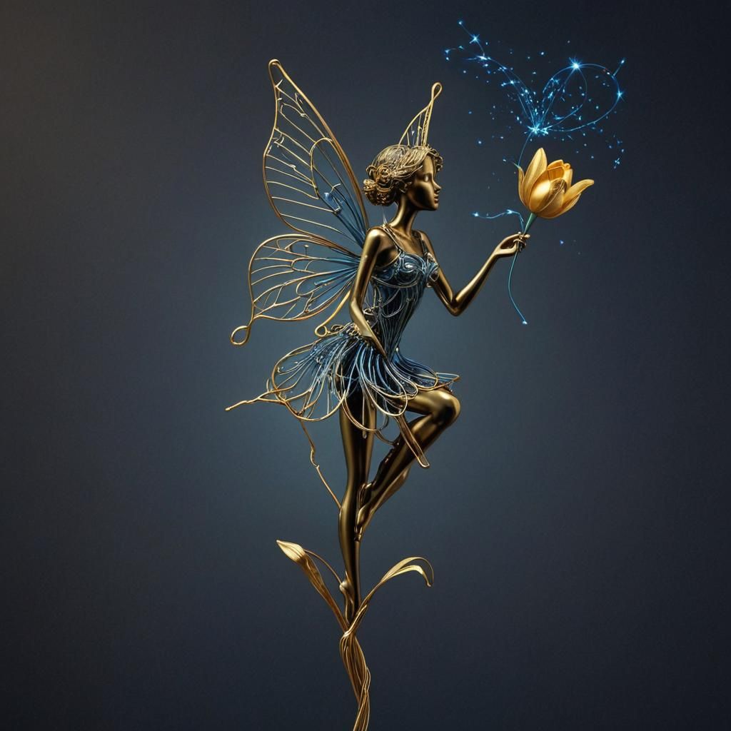 Golden Wire Fairy and Tulip in Surreal Style