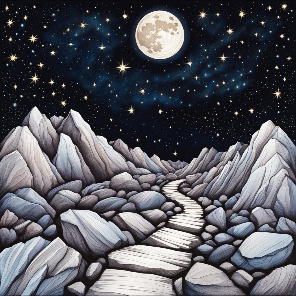 Moonlit Rocky Path: Ink and Pencil Drawing