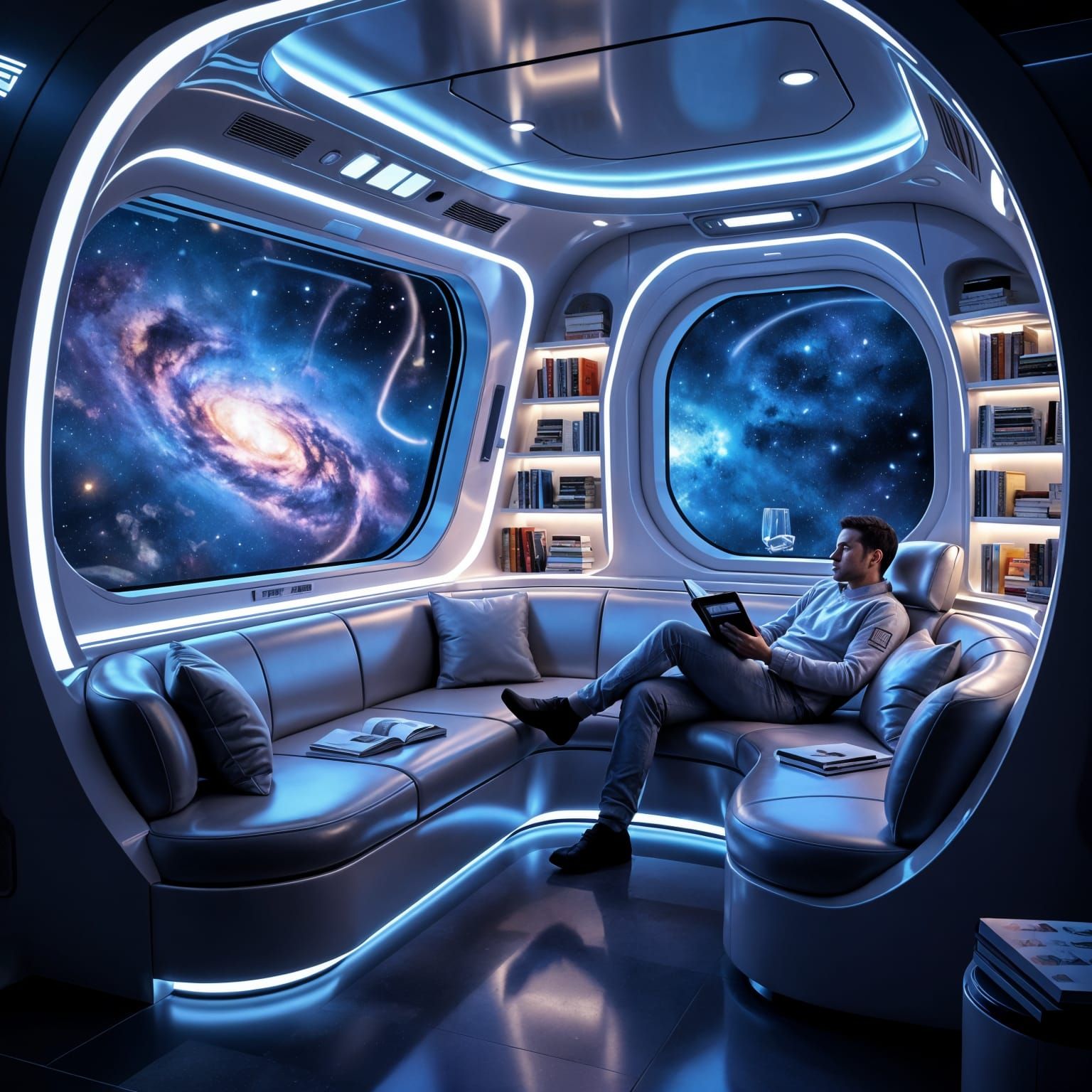 Cozy Spacecraft Reading Nook with Nebula Views