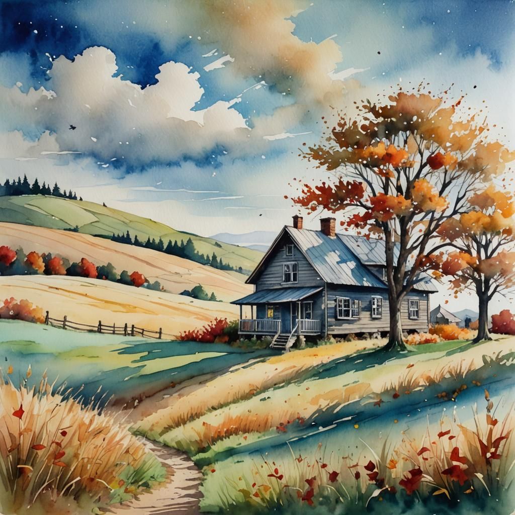 Charming Farmhouse on a Hill in Watercolor