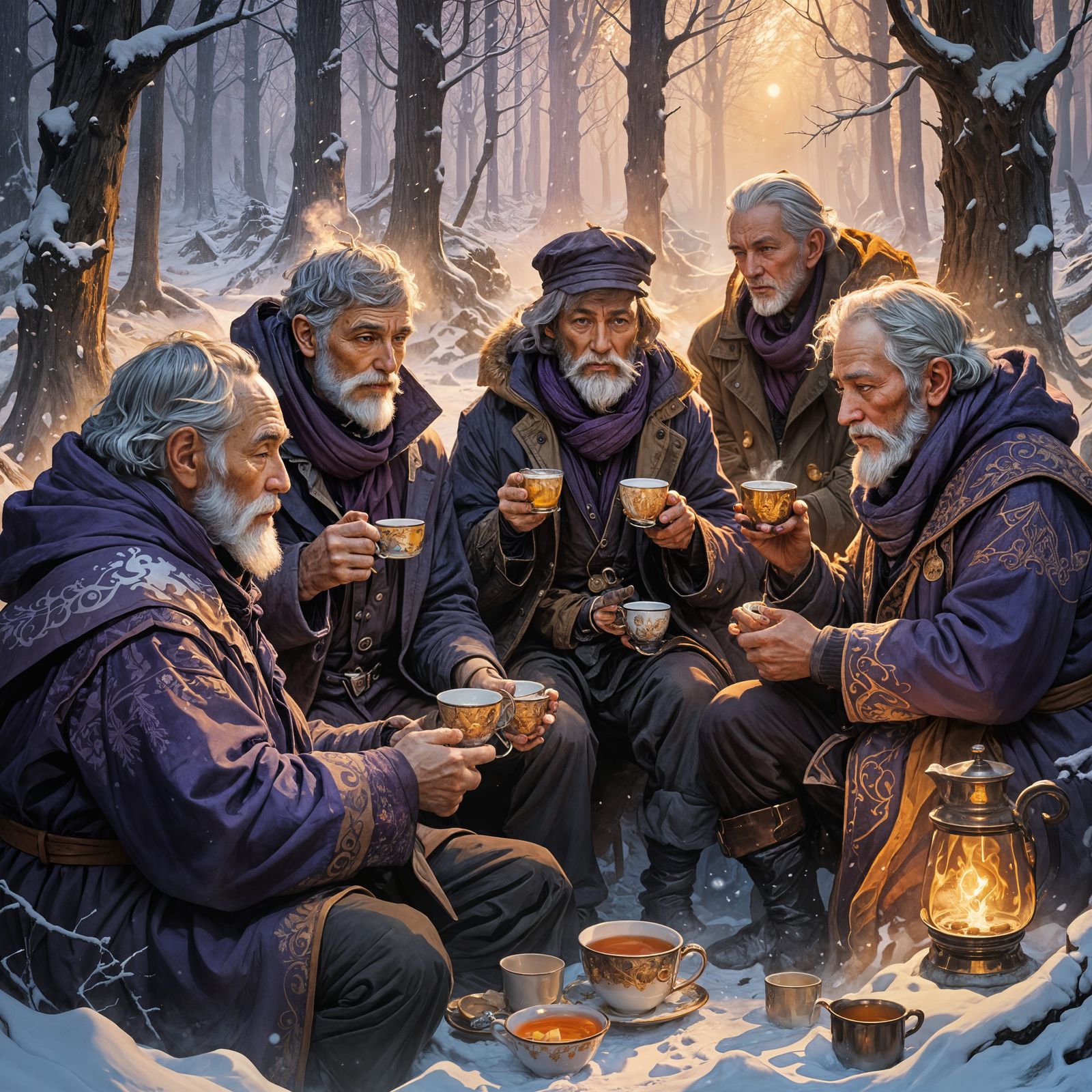 Old Men Enjoying Tea in Snowy Weather