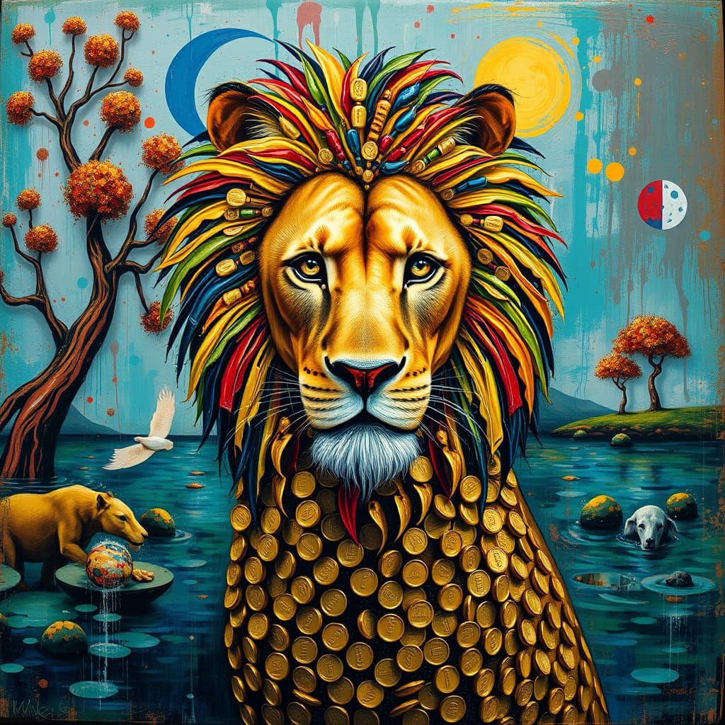 Lion in Vibrant, Surreal Landscape with Mosaic Body and Colo...