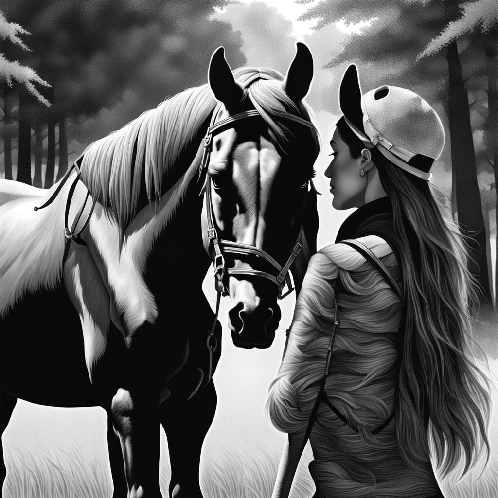Girl and Horse: Hyperdetailed Photoillustration in Black and...