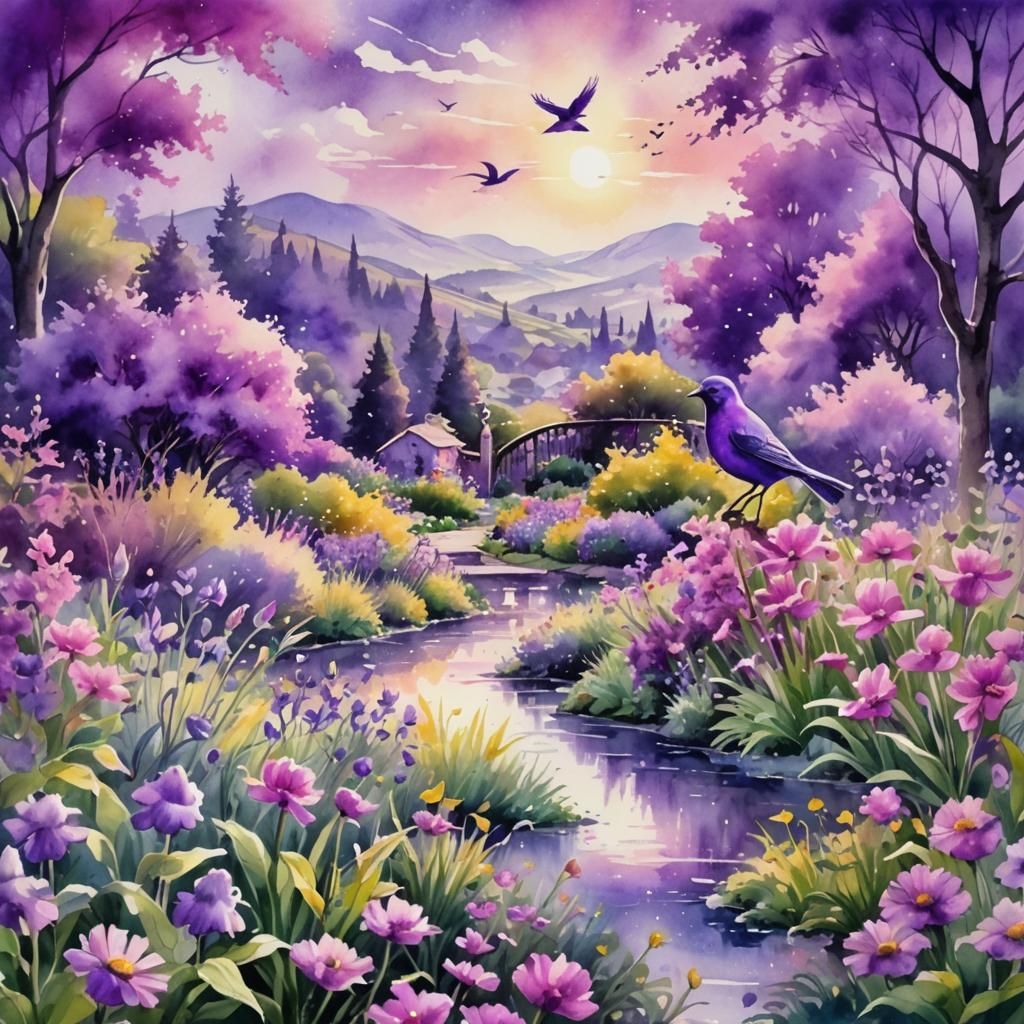 Luminescent Purple Garden Watercolor with Birds